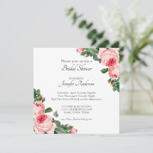 Blushing Pink Rose Bridal Dusche Einladung (Stehend Vorderseite)