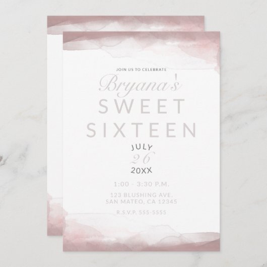 Blushing Pink Watercolor Modern Chic Sweet 16 Einladung (Vorne/Hinten)