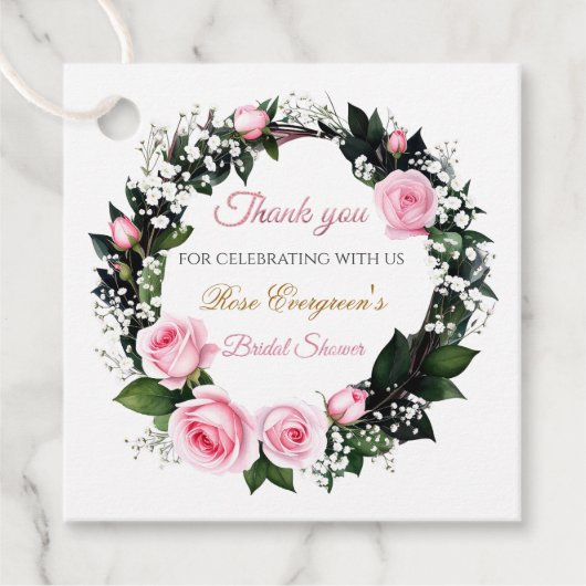 Blushing Romance: Pink Rose Brautparty Vielen Dank Geschenkanhänger (Vorderseite)