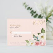 Blushing Rose Blush Pink Navy White Floral Wedding RSVP Karte (Stehend Vorderseite)