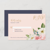 Blushing Rose Blush Pink Navy White Floral Wedding RSVP Karte (Vorne/Hinten)