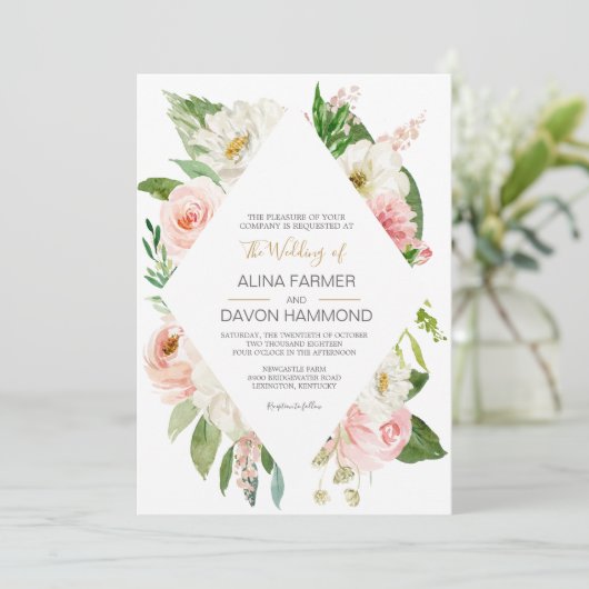 Blushing Rose Blush Pink und White Floral Wedding Einladung (Stehend Vorderseite)