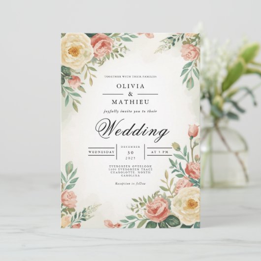 Blushing Rose Botanical Arch Wedding Einladung (Stehend Vorderseite)
