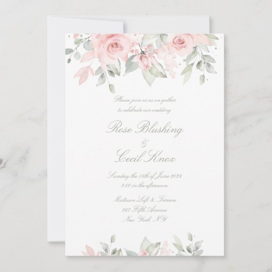 Blushing Rose Matte White Background Wedding Einladung (Vorderseite)