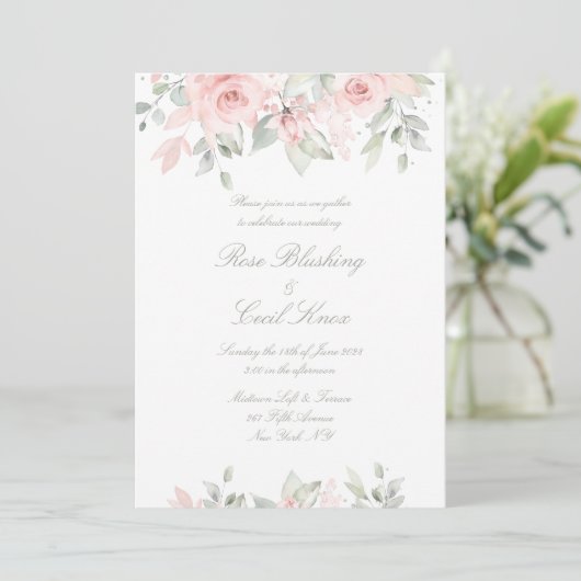 Blushing Rose Matte White Background Wedding Einladung (Stehend Vorderseite)