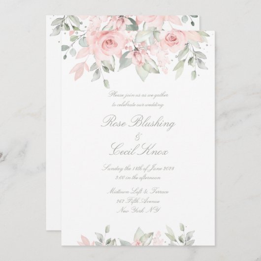 Blushing Rose Matte White Background Wedding Einladung (Vorne/Hinten)