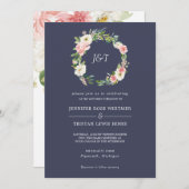 Blushing Rose Navy & White Wreath Monogram Wedding Einladung (Vorne/Hinten)