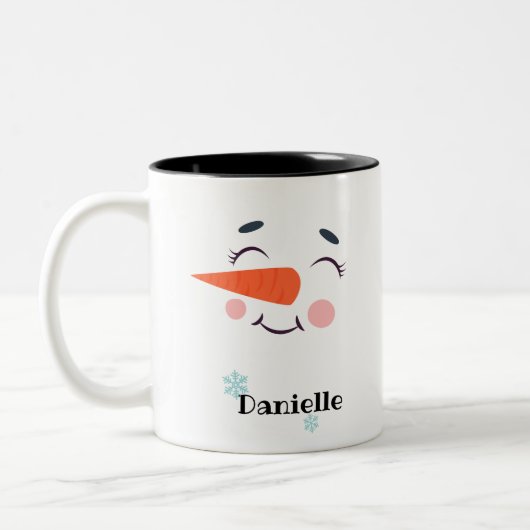 Blushing Snowman Gesicht Personalisiert Name Holid Zweifarbige Tasse (Links)