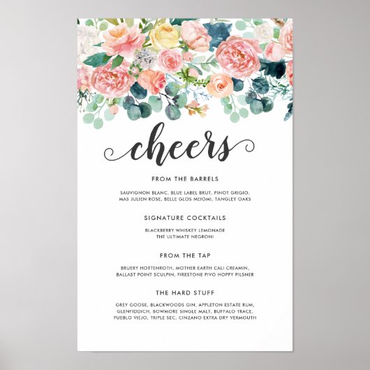 Blushing Summer Floral Wedding Bar Menu Poster (Vorne)