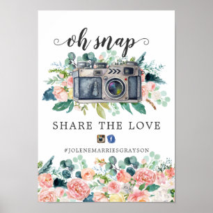 Blushing Summer Floral Wedding Hashtag Sign Poster