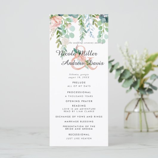 Blushing Summer Floral Wedding Program Programm (Stehend Vorderseite)