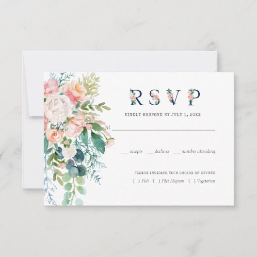 Blushing Summer Floral Wedding RSVP w/food Karte (Vorderseite)