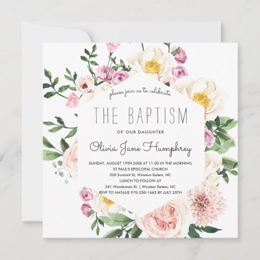 Blushing Summer Florals Taufe Einladung (Vorderseite)