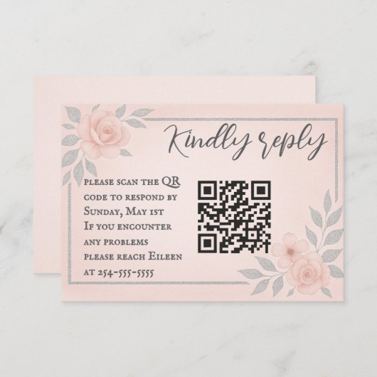 Blushing Vows QR Code Wedding RSVP Card (Vorne/Hinten)