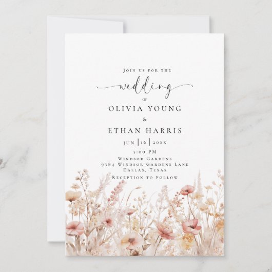 Blushing Wildblumen Hochzeit Einladung (Vorderseite)