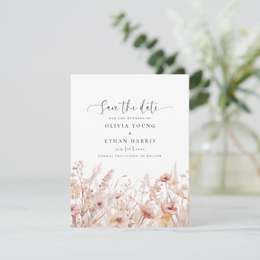 Blushing Wildblumen Hochzeit Save The Date (Stehend Vorderseite)