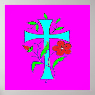 BLUSHÖRER PINK MIT BLAUEM KREUZ UND ROTER BLUME POSTER