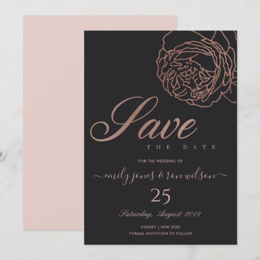 BLUSPINK ROSE GOLD BLACK FLORAL SAVE THE DATE EINLADUNG (Vorne/Hinten)