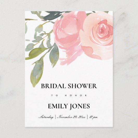 BLUSPINK ROSE WATERCOLOR BRAUTPARTY EINLADUNGSPOSTKARTE (Vorderseite)