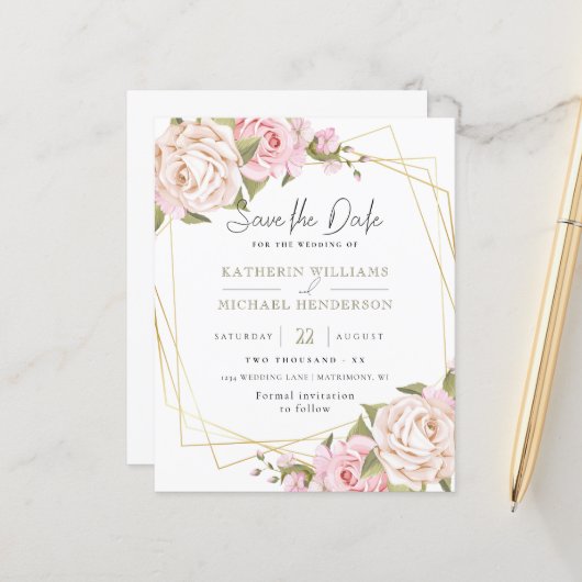 BLUSPINK WATERCOLOR FLORAL GEOMETRIC SAVETHEDATE (Vorderseite/Rückseite Beispiel)