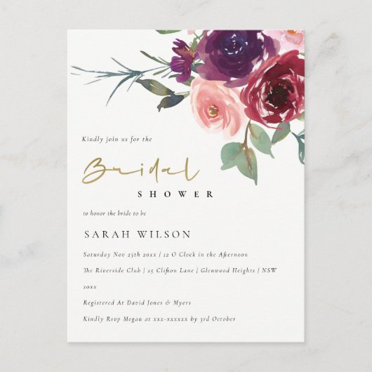 BLUSROTE ROSE WATERCOLOR FLORAL BRAUTPARTY EINLADUNGSPOSTKARTE (Vorderseite)