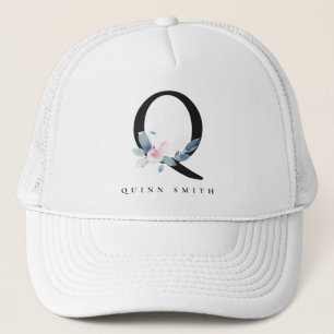 BLUSTER BLUE BLUE FLORAL ALPHABETS NAME LETTER Q TRUCKERKAPPE