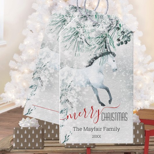 Blustering Winter Pine White Horse Frohe Weihnacht Geschenkanhänger