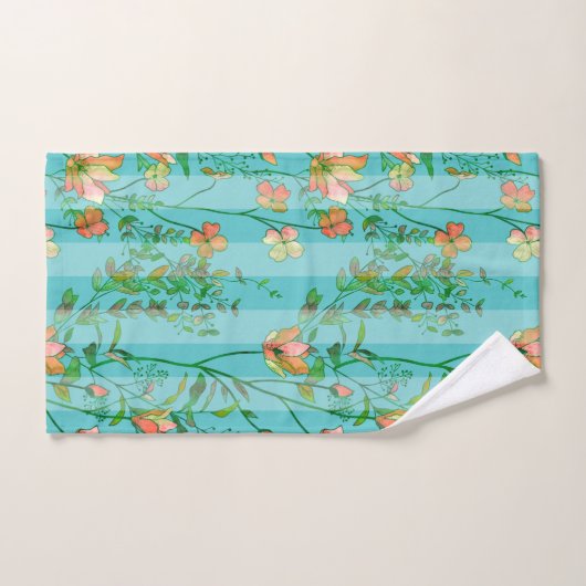 Blüte auf Aqua-blauem gestreiftem Hintergrund Badhandtuch Set (Handtuch)