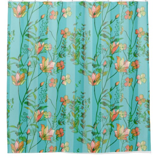 Blüte auf Aqua-blauem gestreiftem Hintergrund Duschvorhang (Vorderseite)