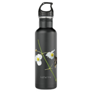 Blüte mit Schmetterling auf schwarz, personalisier Edelstahlflasche