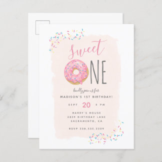 Blüte | Pink Doughnut Sprinkle Sweet 1st Birthday Einladungspostkarte