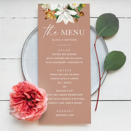 Blüte Vintage Kamelie. Elegante Hochzeit staubiger Menükarte