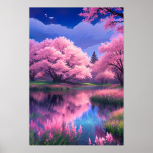 Blüten auf blau, Sakura Bäume am Fluss Poster