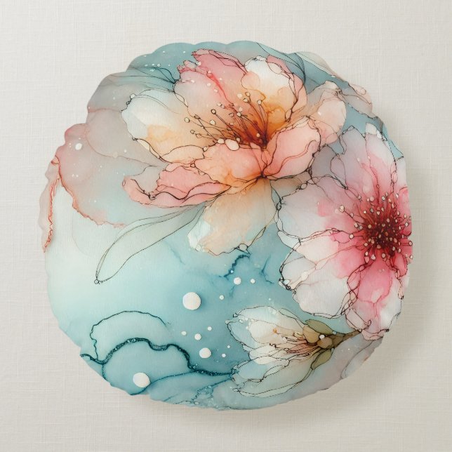 Blüten in Bloom: Ein Abstraktes Alkoholtink-Design Rundes Kissen (Vorderseite)