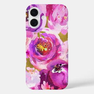Blüten in Rosa Lila Gold Moderne Trendige Florale iPhone 16 Hülle