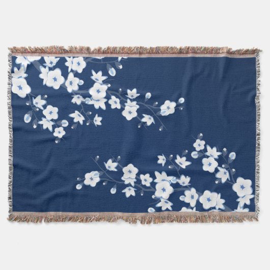 Blüten-Kirschblüten Navy Weiß Klassisch Decke (Vorderseite)