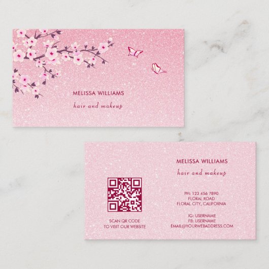 Blüten-Kirschblüten-Rosa-Glitter-QR-Code Visitenkarte (Vorne/Hinten)