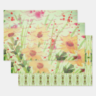 Blüten mit Grün und Creme Geschenkpapier Set