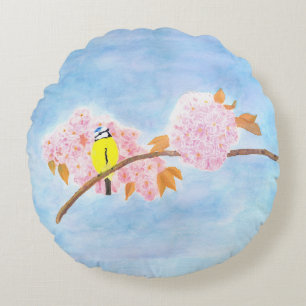 Blüten und Gartenvögel Rundes Kissen