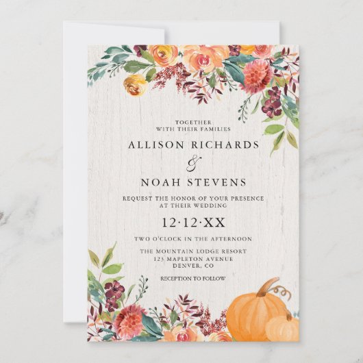 Blüten- und Kürbis-Hochzeit Einladung (Vorderseite)