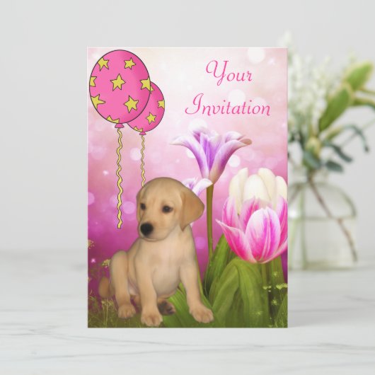 Blüten und Labrador Puppy-Ereignis Einladung (Stehend Vorderseite)
