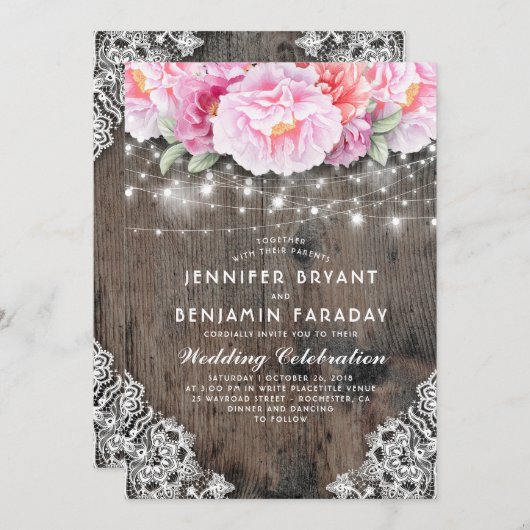 Blüten und rosa Blumenzwiebelleuchten rustikal Einladung (Vorne/Hinten)