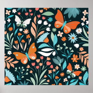 Blüten und Schmetterlinge, dekorative nahtlose Pat Poster