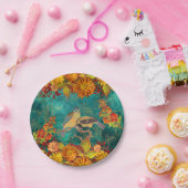 Blüten und Vögel Orange, Rot, Gelb, Aquamarine Rüc Pappteller (Party)