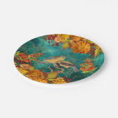 Blüten und Vögel Orange, Rot, Gelb, Aquamarine Rüc Pappteller (Schrägansicht)