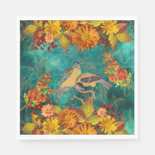Blüten und Vögel Orange, Rot, Gelb, Aquamarine Rüc Serviette