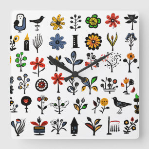 Blüten und Vögel Quadratische Wanduhr