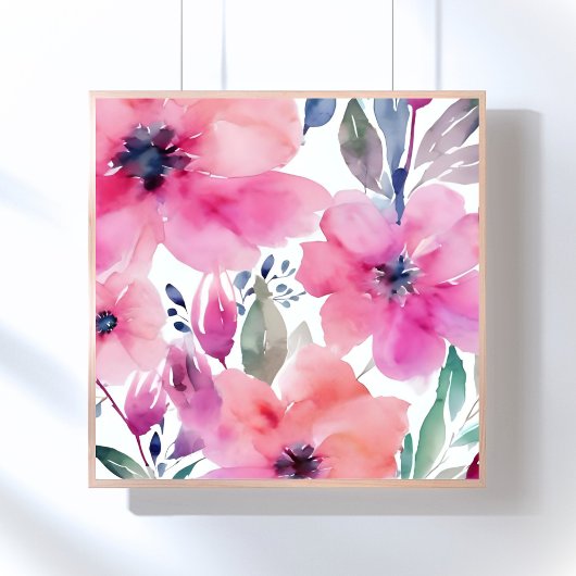 Blüten | Wasserfarben Rosa Blumen Gemalt Poster