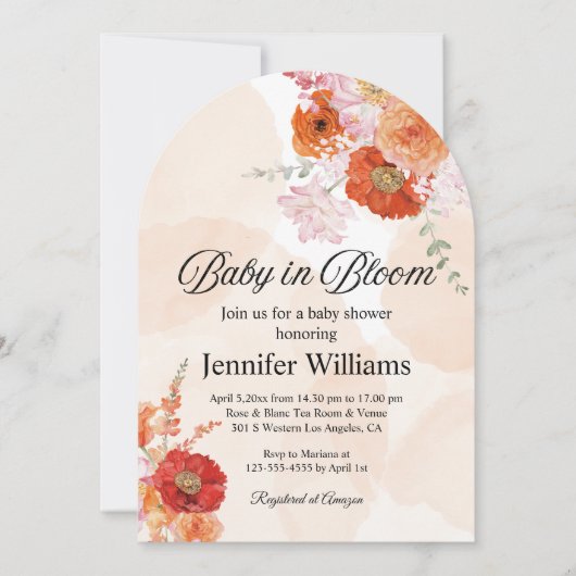 Blütenbaby, botanisch-orangefarbene Babydusche Einladung (Vorderseite)