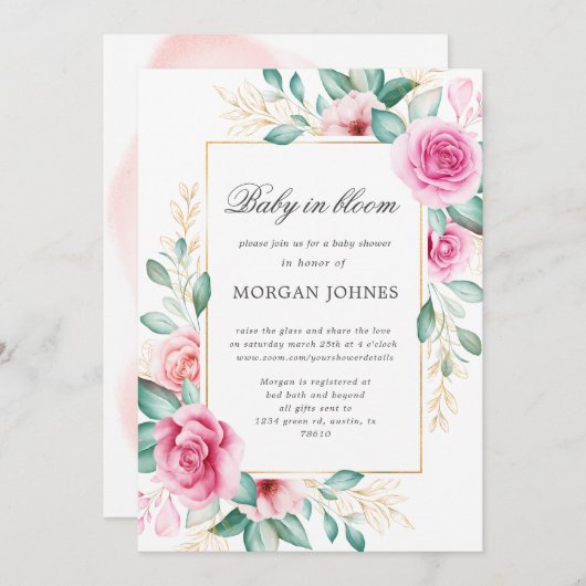 Blütenbaby in zarter rosa Blütendusche Einladung (Vorne/Hinten)